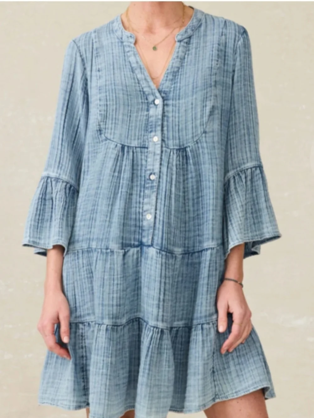Faherty Kasey Cotton Light Blue Crinkled Tiered Button Front Tunic Dress M - Picture 1 of 8